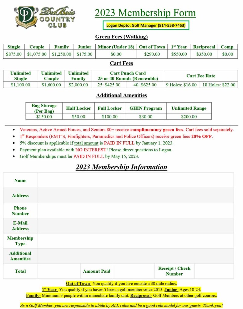 Membership DuBois Country Club